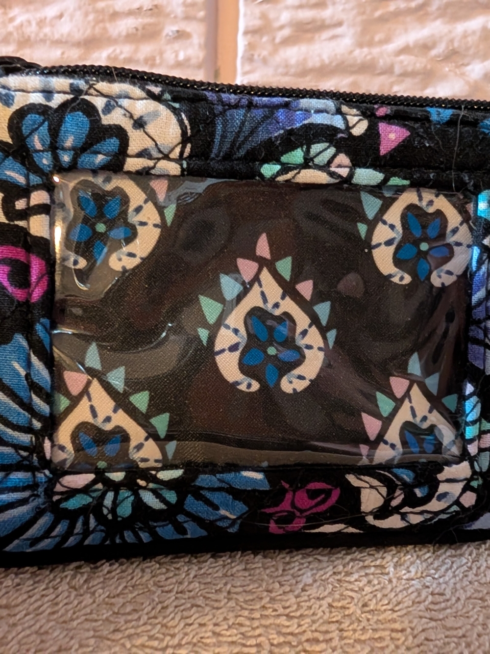 Vera Bradley Black Floral Patterned ID Wallet with Blue, Teal, Pink Accents